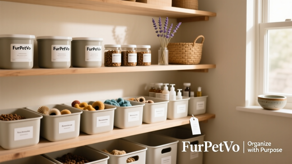 A well-organized pantry shelf showing FurPetVo-branded food containers, treat jars, and labeled bins for toys and grooming supplies, all arranged with clean lines and consistent spacing