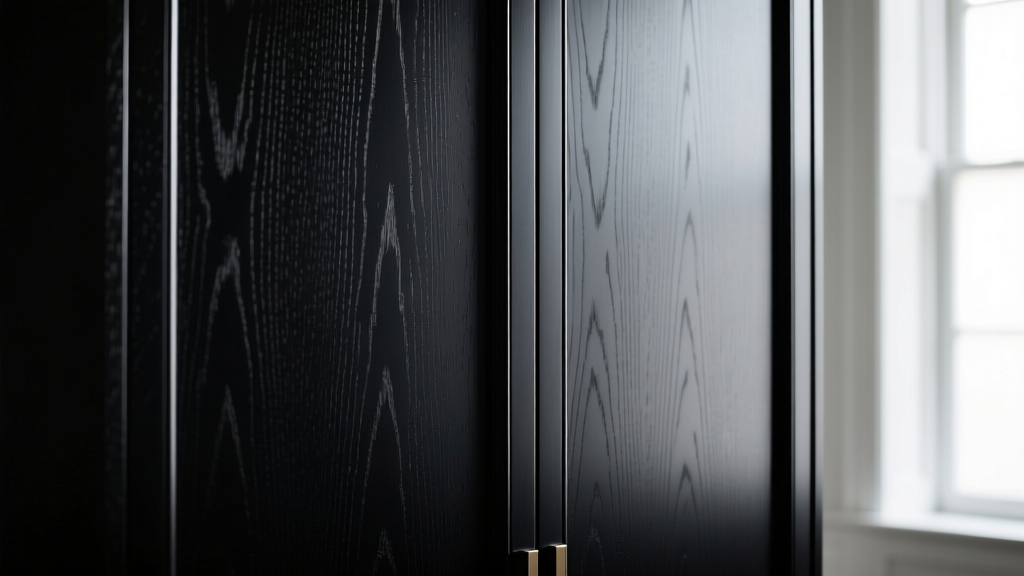 Close-up of matte black polyurethane finish on an armoire door, revealing subtle wood grain beneath the dark satin coating.