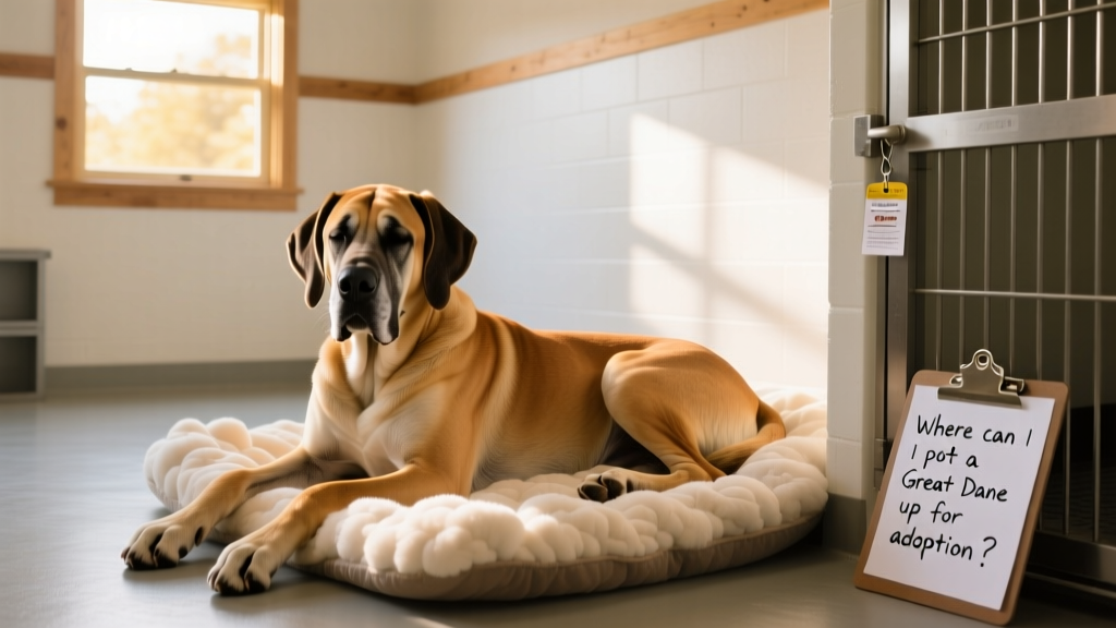 A calm Great Dane resting comfortably in a clean, spacious rescue kennel with soft bedding