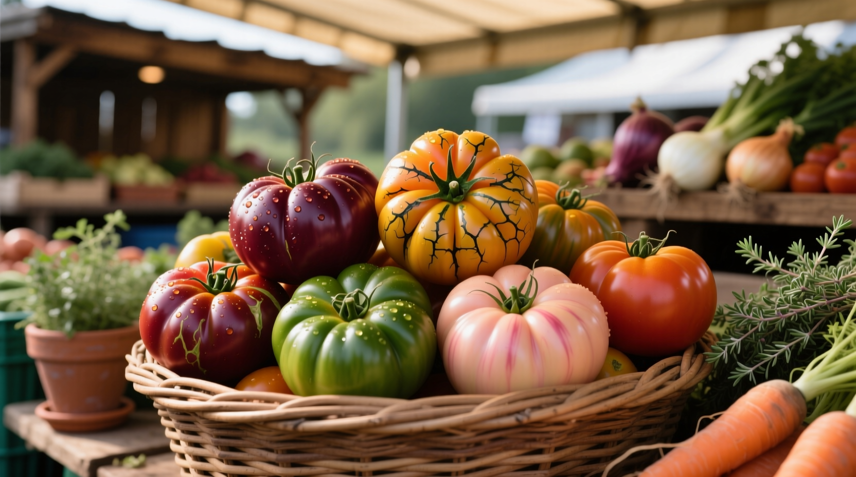Misshapen heirloom tomatoes in a farmers market basket