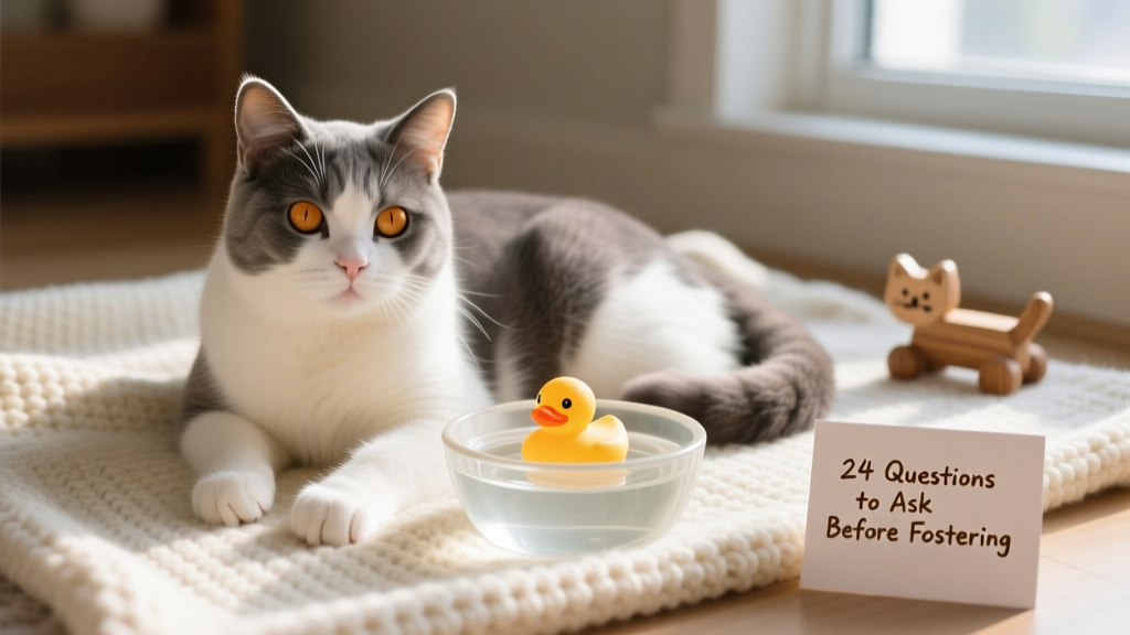 A calm, friendly foster cat resting on a soft blanket beside a water bowl and toy