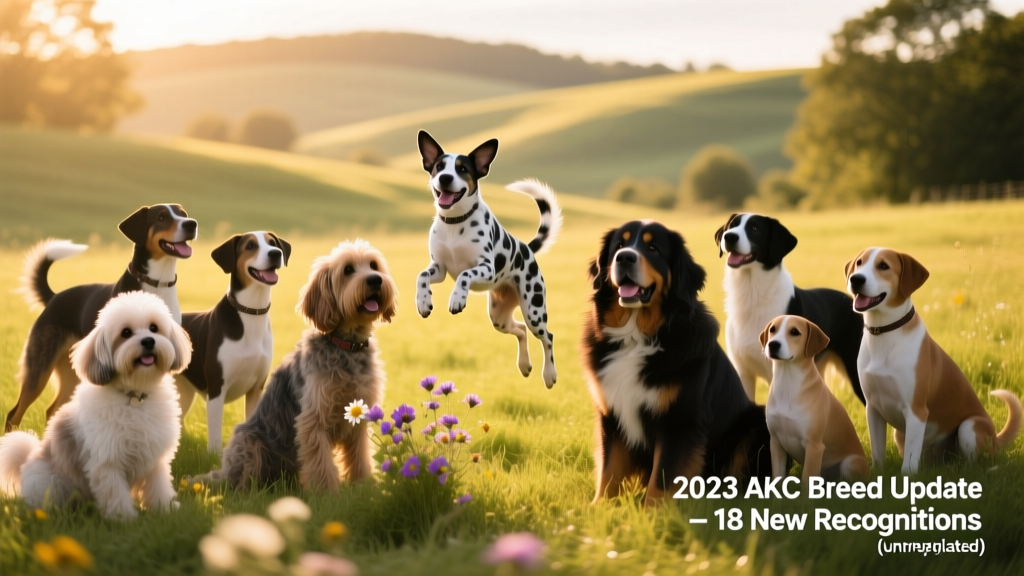 A group of diverse new AKC-recognized breeds posing together on a sunlit grassy field