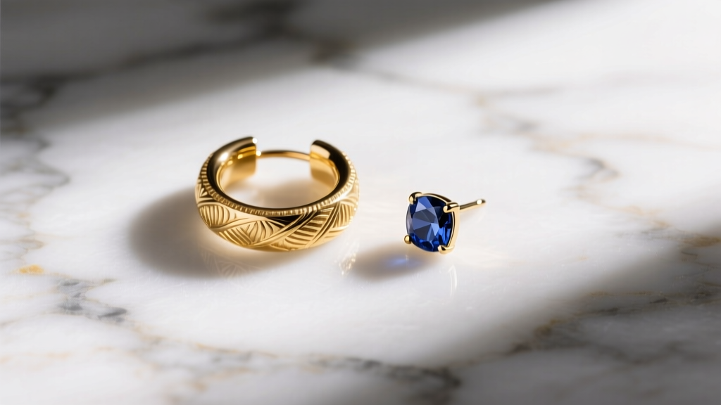 Flat lay of two earrings on marble: a textured 18k gold huggie and a minimalist bezel-set sapphire stud, shot from above.