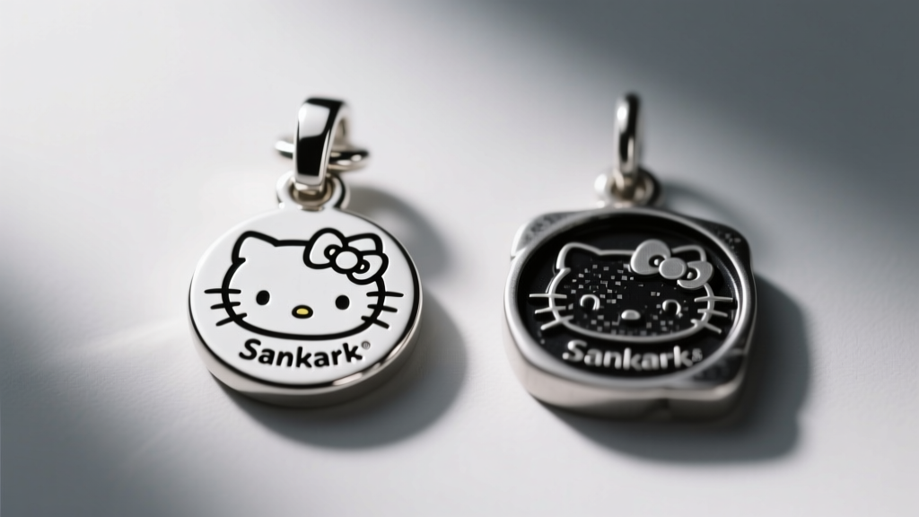 Macro photography comparing a genuine Sanrio hallmark stamped on a silver charm bail next to a blurred counterfeit stamp