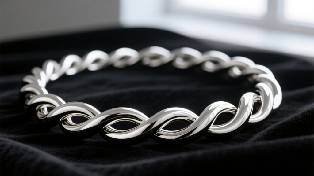 Macro view of a silver snake necklace chain on black velvet, showing seamless tubular links and a smooth liquid-metal finish.