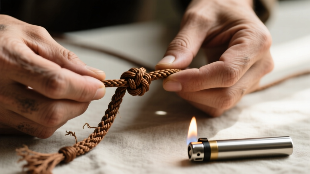 Close-up of hands tying a sliding knot on a brown nylon macrame necklace cord, with a small butane flame tool resting nearby