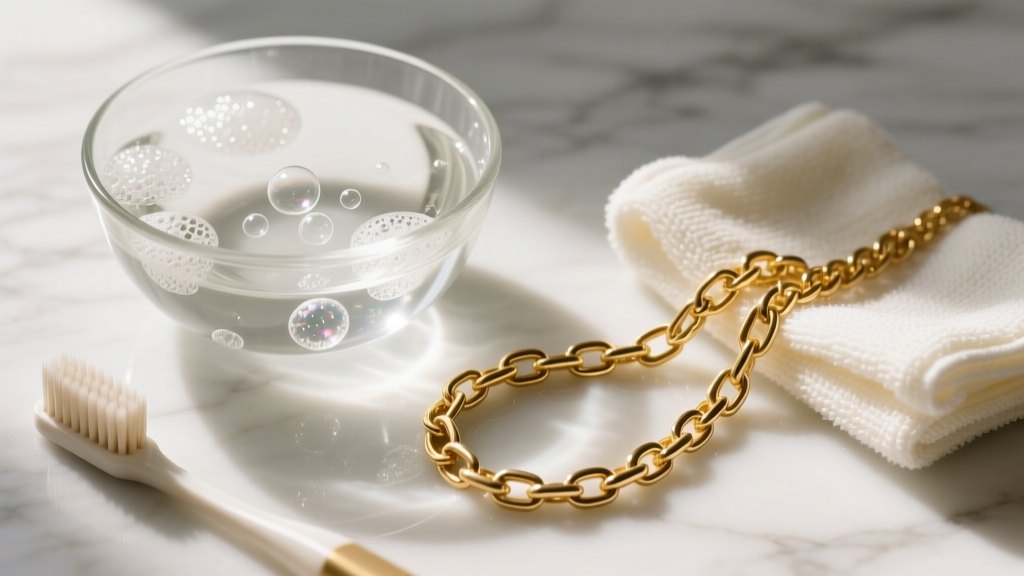 Top view of a glass bowl with soapy water, soft toothbrush, and microfiber cloth on marble beside a shining 18k solid gold chain.