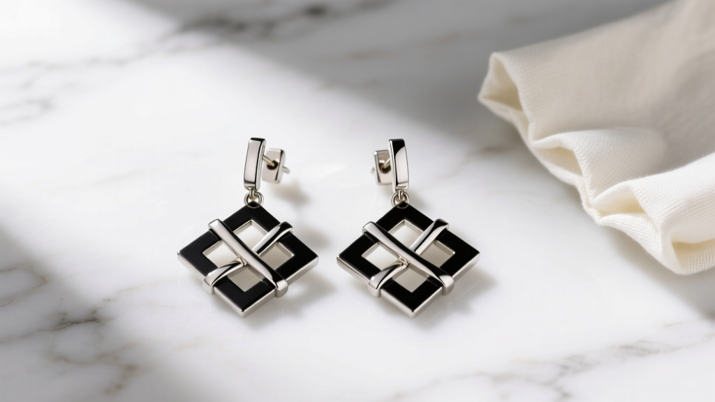 Flat lay of convertible dangle stud earrings with detachable geometric jackets on white marble next to a jewelry polishing cloth