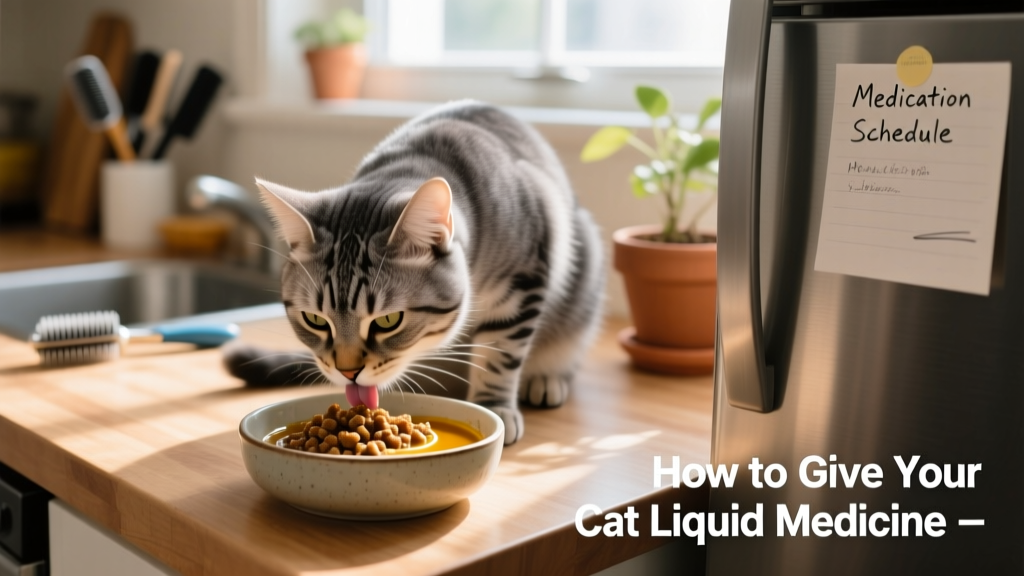 A cat eating from a bowl containing wet food mixed with liquid medication