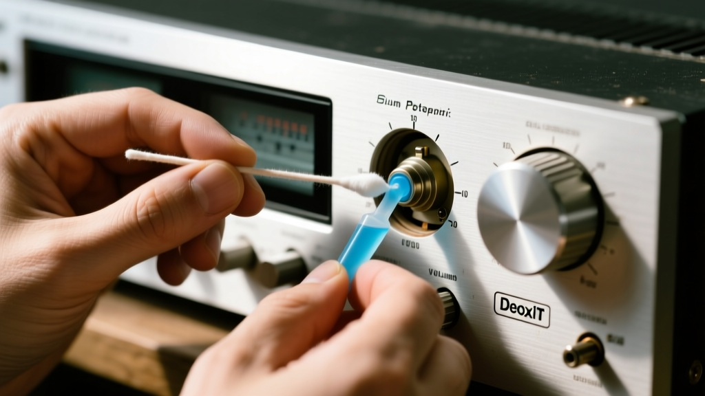 Hands using a cotton swab and DeoxIT cleaner to restore the volume potentiometer on a vintage 1980s silver audio receiver