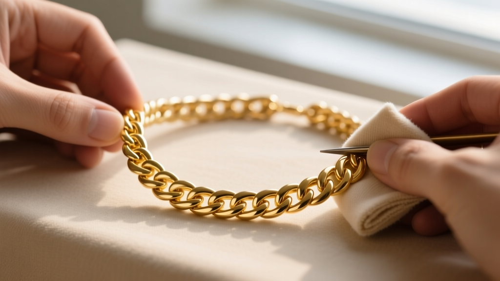 Hands polishing a solid 18k gold herringbone necklace with a microfiber cloth, showcasing the bright and restored metallic luster.