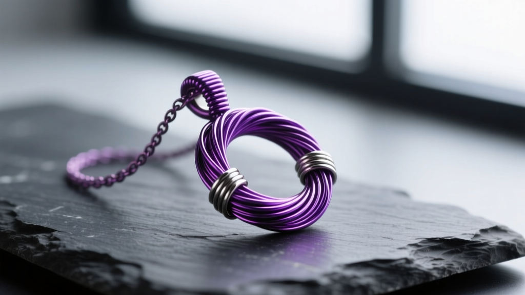 Macro shot of an anodized purple niobium wire pendant on dark slate, showing vibrant iridescence and fine wire wrapping details.