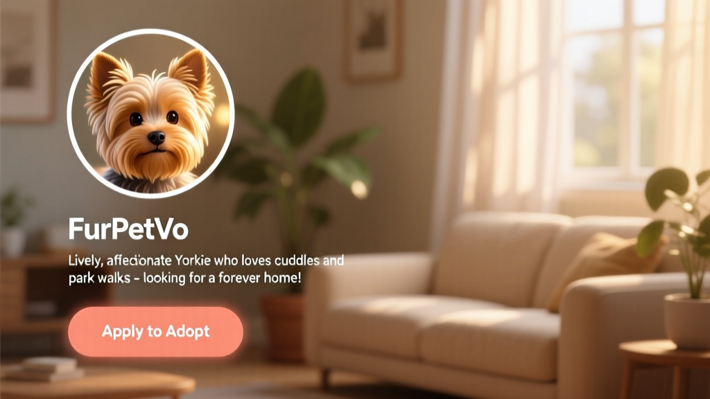 Screenshot-style illustration of a FurPetVo profile page showing a Yorkie's photo, bio, and 'Apply to Adopt' button
