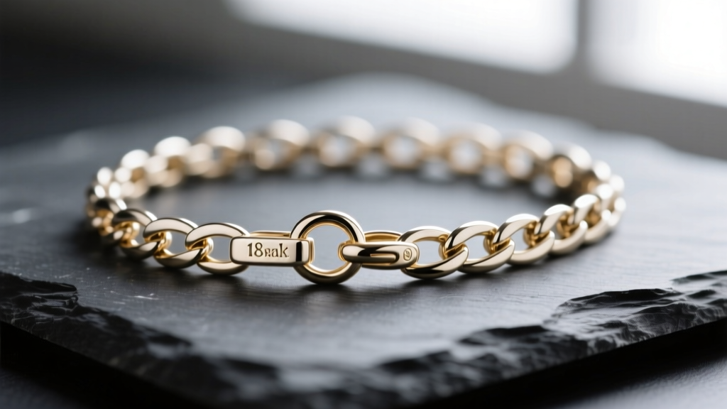Macro shot of a Japanese 18K white gold box chain on dark slate, highlighting the tiny spring ring clasp and stamped hallmarks.