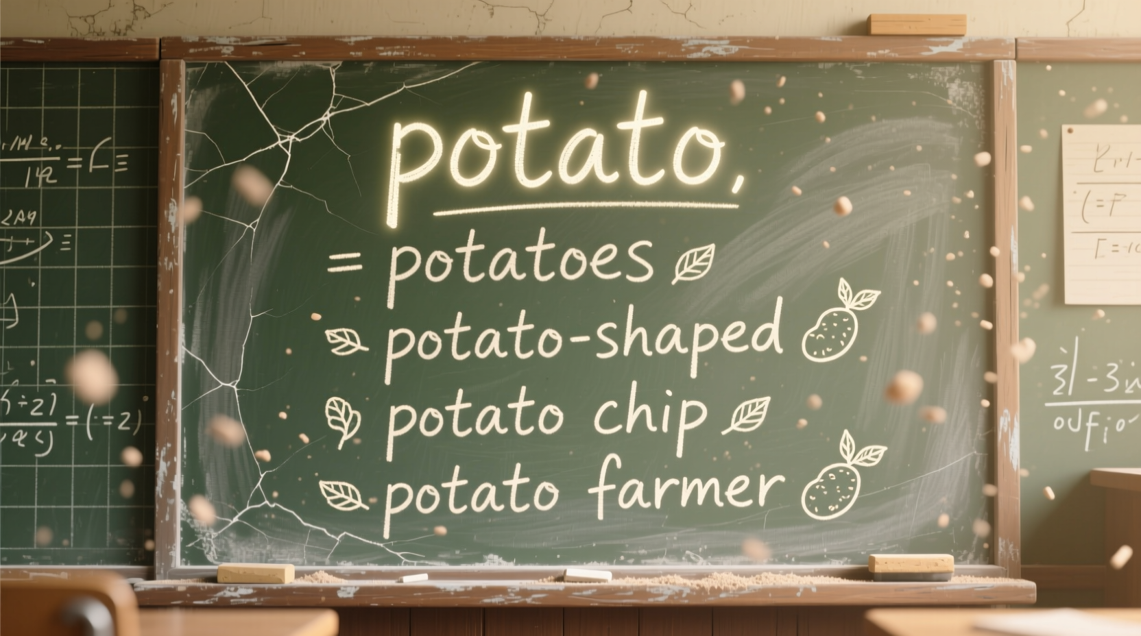 Potato spelling examples on chalkboard