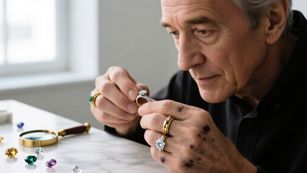 Close-up of a jeweler's loupe inspecting a freshly cleaned 18k yellow gold vintage signet ring on a black velvet appraisal mat.