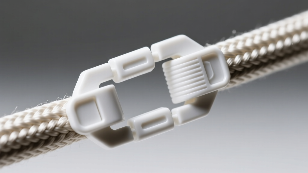 Macro close-up of a white plastic breakaway safety clasp on a thick nylon cord, showing the interlocking release mechanism