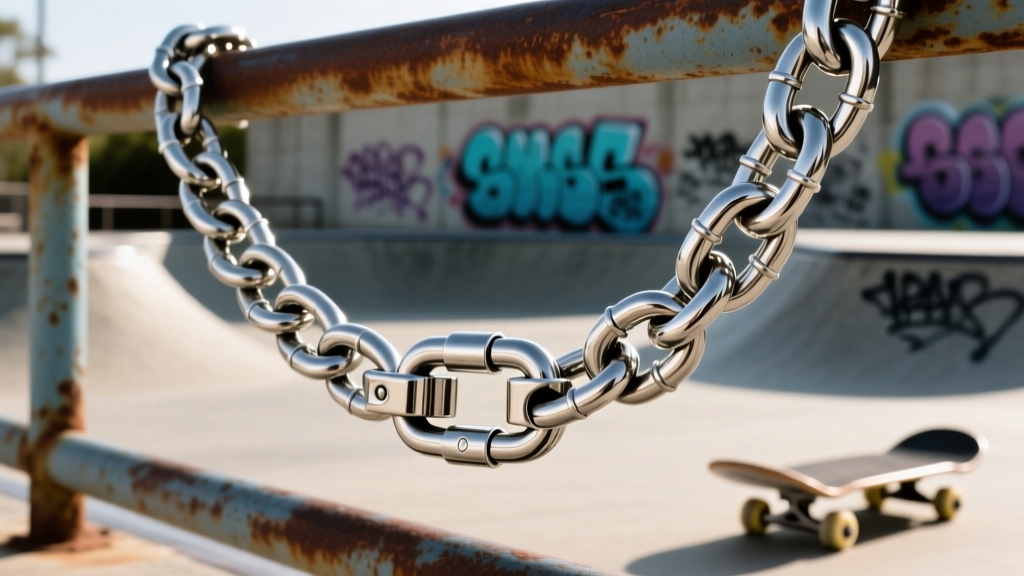 Close-up of a heavy 8mm stainless steel Cuban link chain with a secure locking box clasp against a blurred skatepark background