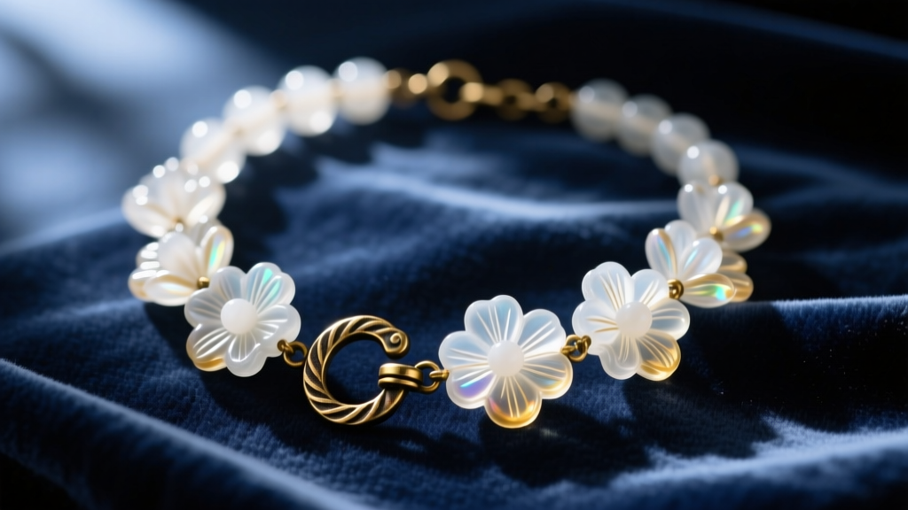 Close-up of a Victorian vintage milk glass necklace with intricate floral molded beads and an antique brass C-clasp on dark velvet