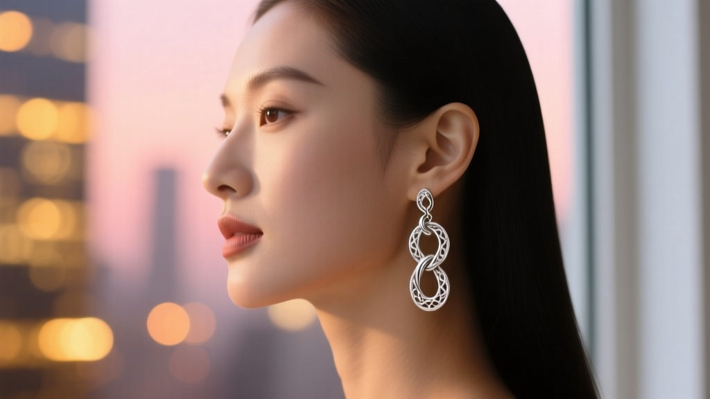 Side profile of a woman wearing delicate sterling silver interlocking knot drop earrings against blurred warm bokeh city lights