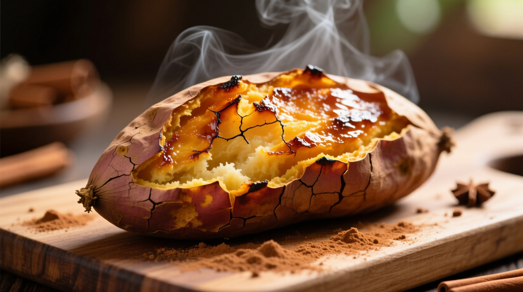 Roasted sweet potato with crispy skin and fluffy interior