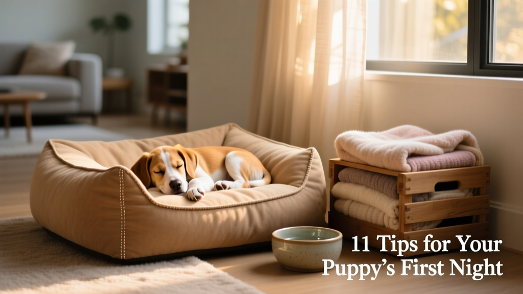 A calm, cozy corner with a soft dog bed, a small crate lined with blankets, and a water bowl nearby