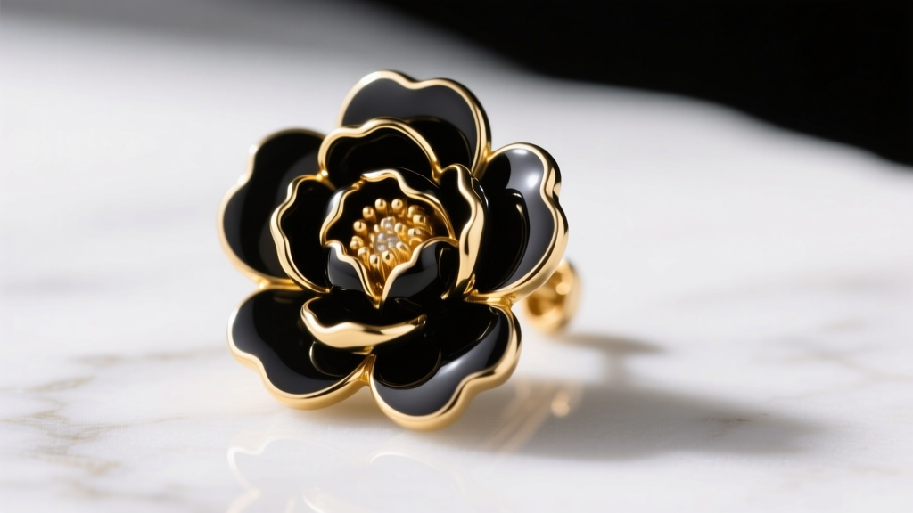 Macro shot of matte black enamel and gold vermeil peony flower statement earring on white marble, lit by soft side lighting