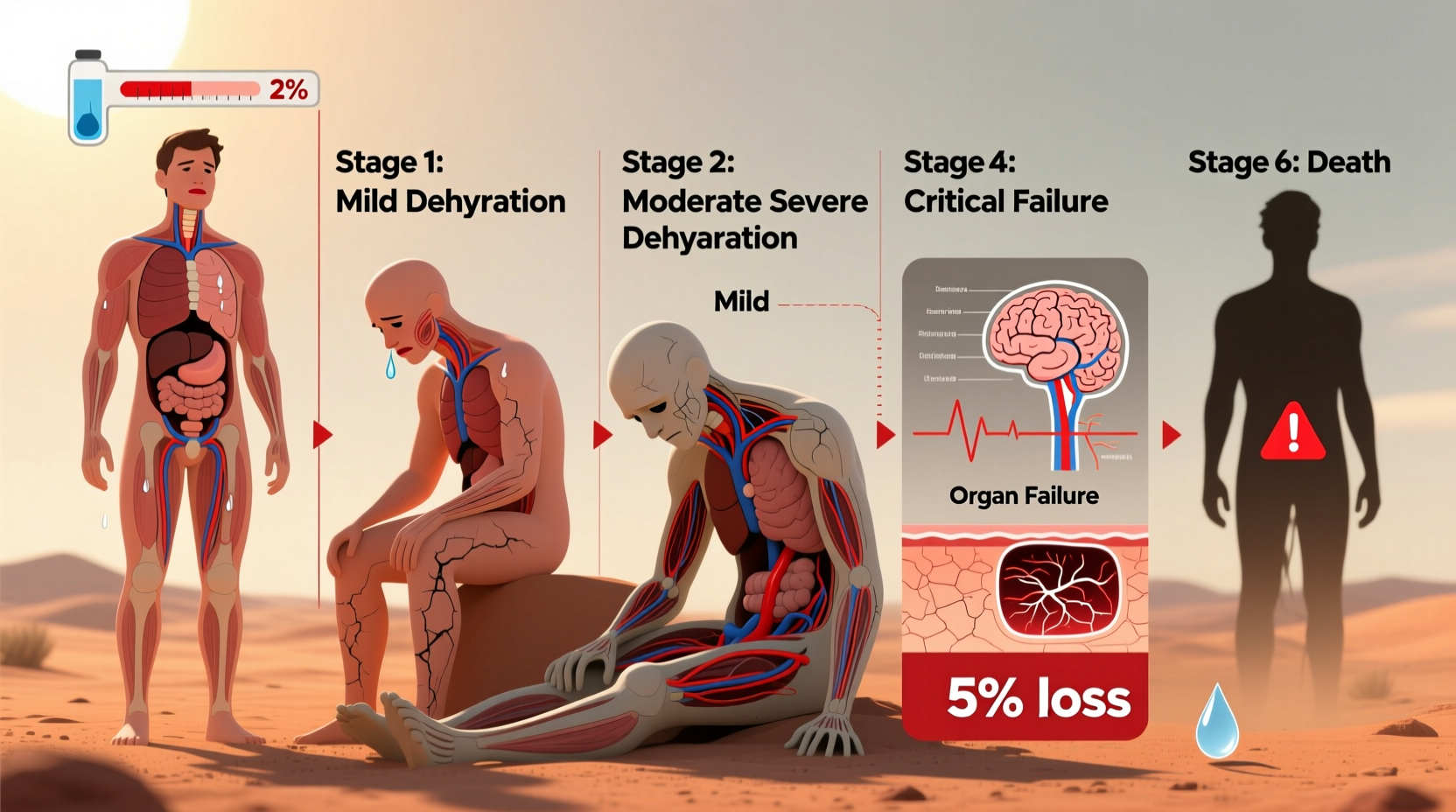 Human body dehydration process timeline