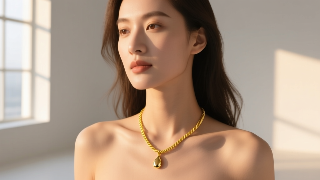 Woman wearing a delicate 10 gram 18k yellow gold rope chain necklace with a small teardrop pendant, soft natural window lighting