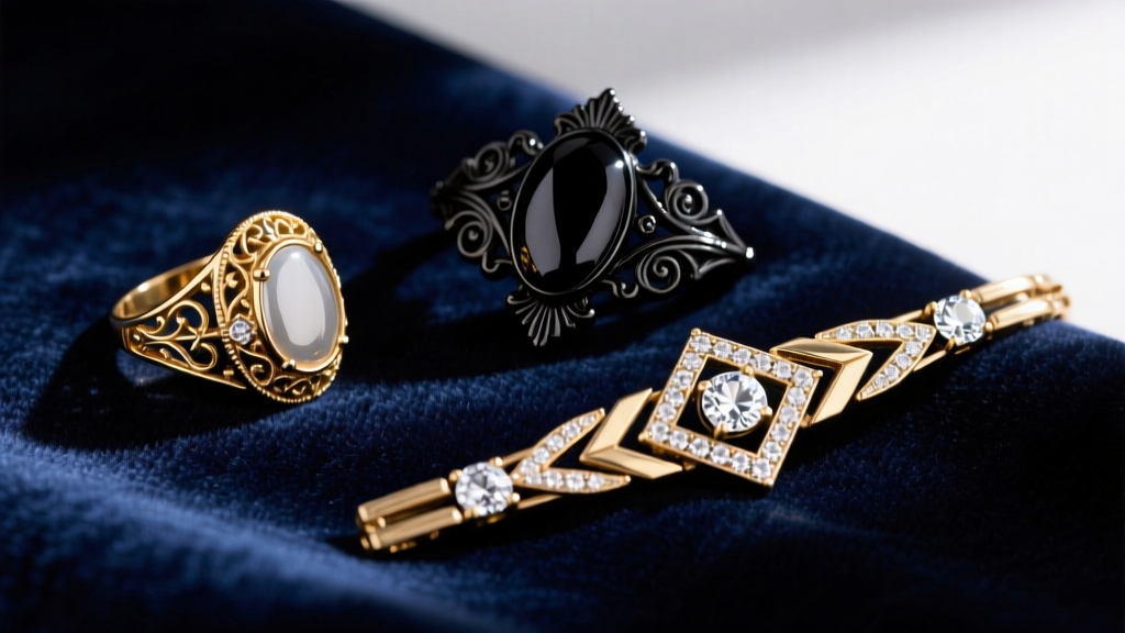 Top-down view of a Georgian foil-back ring, a Victorian jet brooch, and an Art Deco diamond bracelet on dark navy velvet.