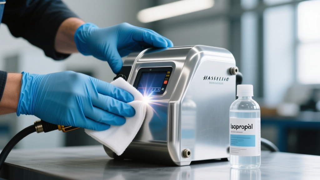 Hands in blue nitrile gloves wiping a pulse arc welder exterior with a microfiber cloth and an isopropyl alcohol bottle.