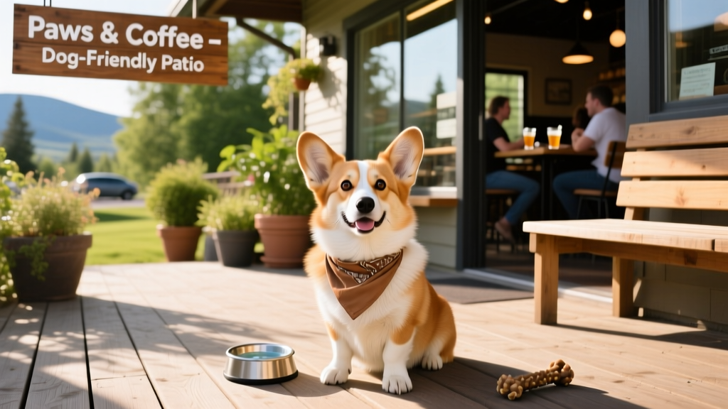 Corgi sitting outside a dog-friendly restaurant patio