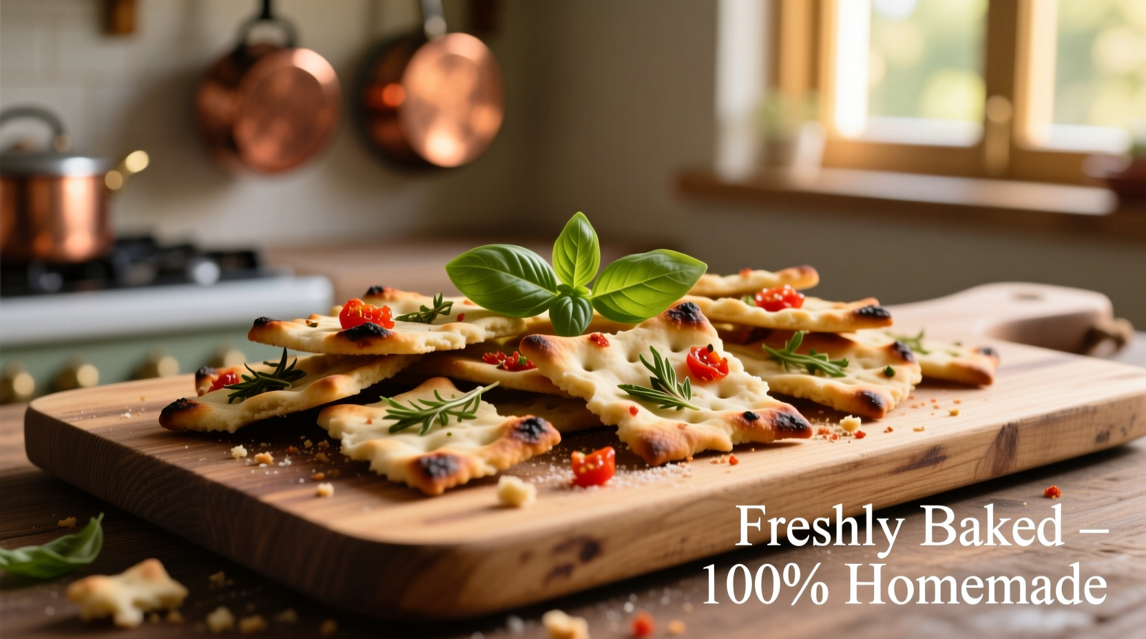 Homemade tomato basil crackers arranged on wooden board