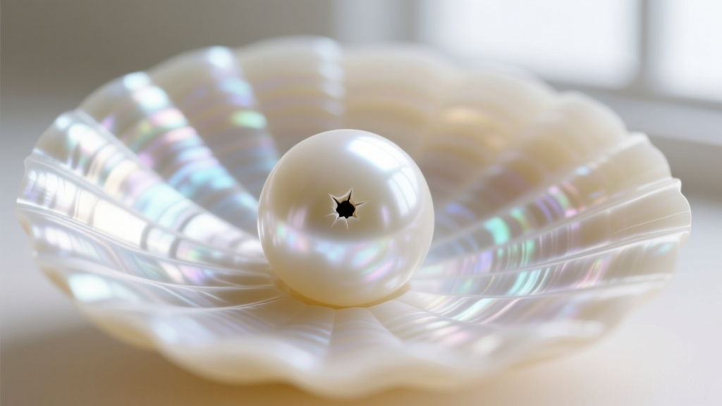 Macro shot of a 2.5mm white freshwater pearl showing concentric nacre layers and a perfectly centered 0.4mm drill hole.