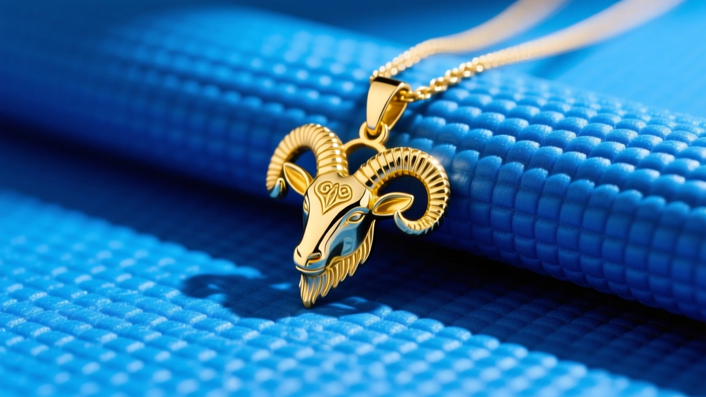 14k yellow gold GOAT pendant on a blue gymnastics mat, showing detailed engraving and polished finish under bright lighting