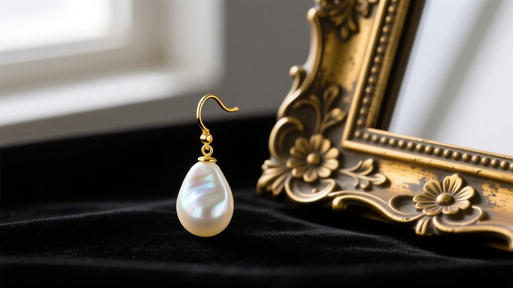 A 12mm baroque freshwater pearl drop earring on a 14k gold leverback resting on dark velvet beside an ornate frame.