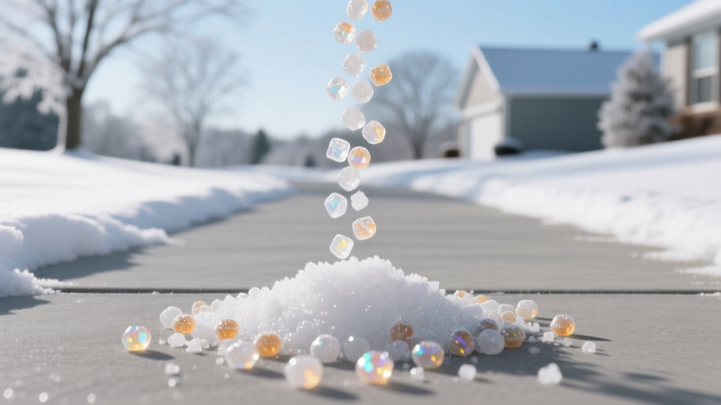 Close-up of calcium magnesium acetate ice melt pellets being broadcast evenly across a snow-covered cured concrete driveway in winter
