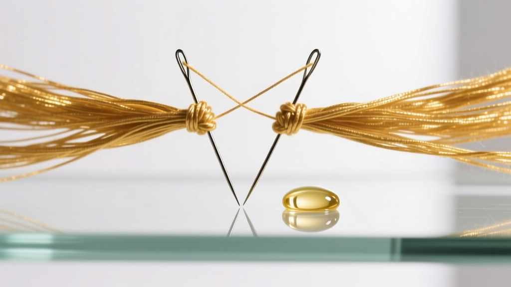 Two sewing pins separating knotted 18k gold fringe drops on a glass surface, with a small drop of mineral oil visible nearby