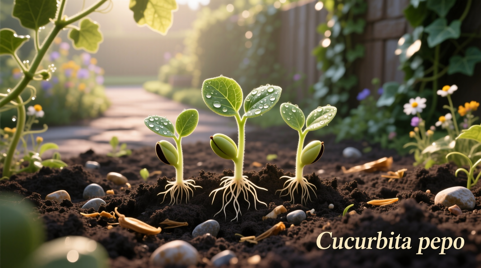 Pumpkin seedlings emerging from soil in garden