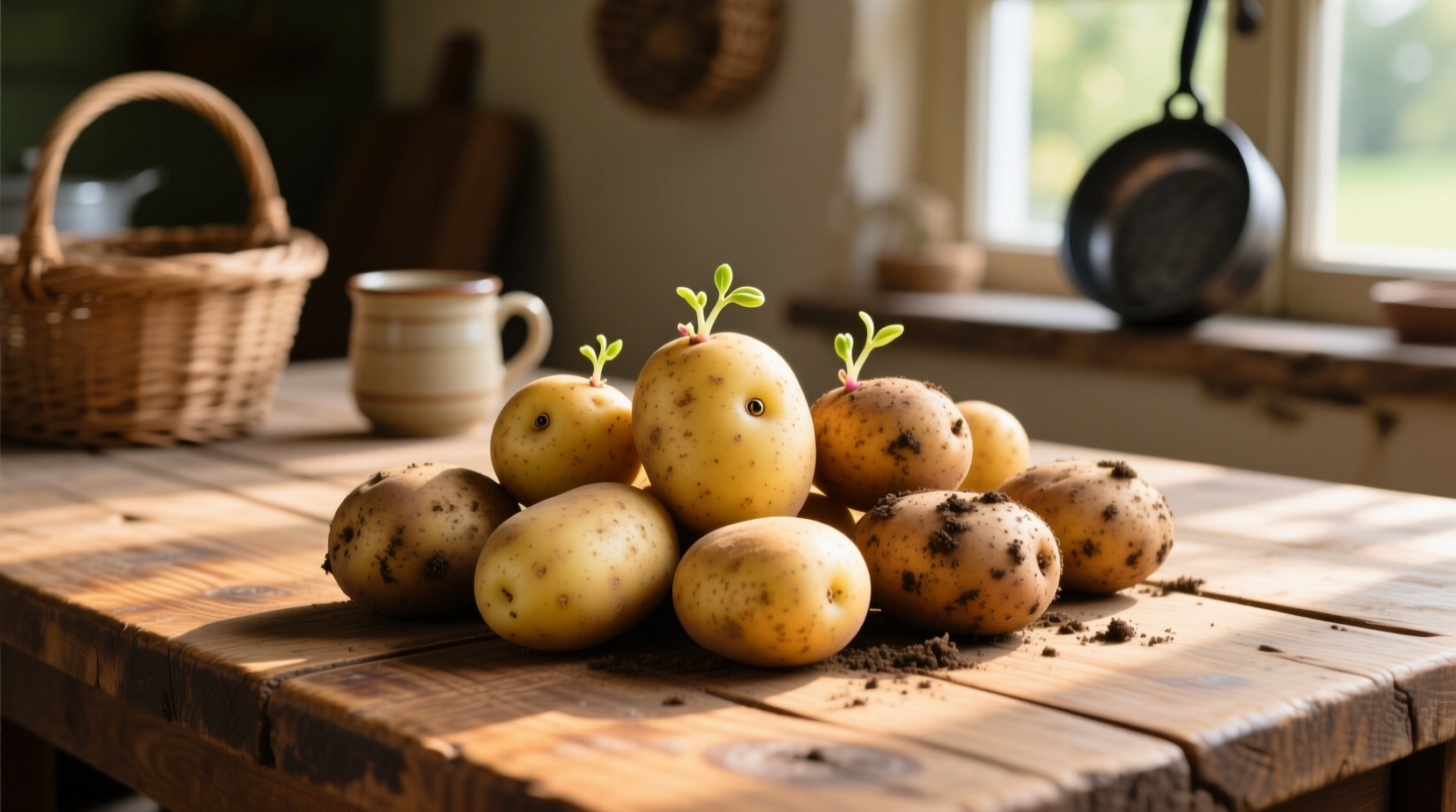 Fresh potatoes arranged on wooden table