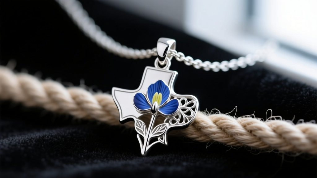 Macro photography of a sterling silver Texas bluebonnet flower pendant resting on a woven rope chain against dark velvet.