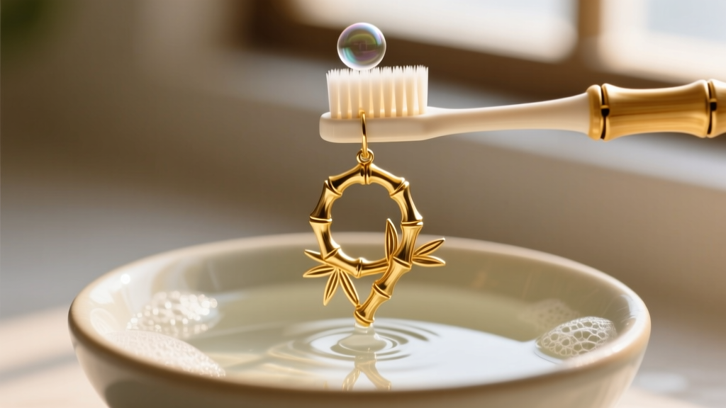 Soft baby toothbrush gently scrubbing the grooved joints of a gold bamboo earring submerged in a small bowl of mild soapy water.