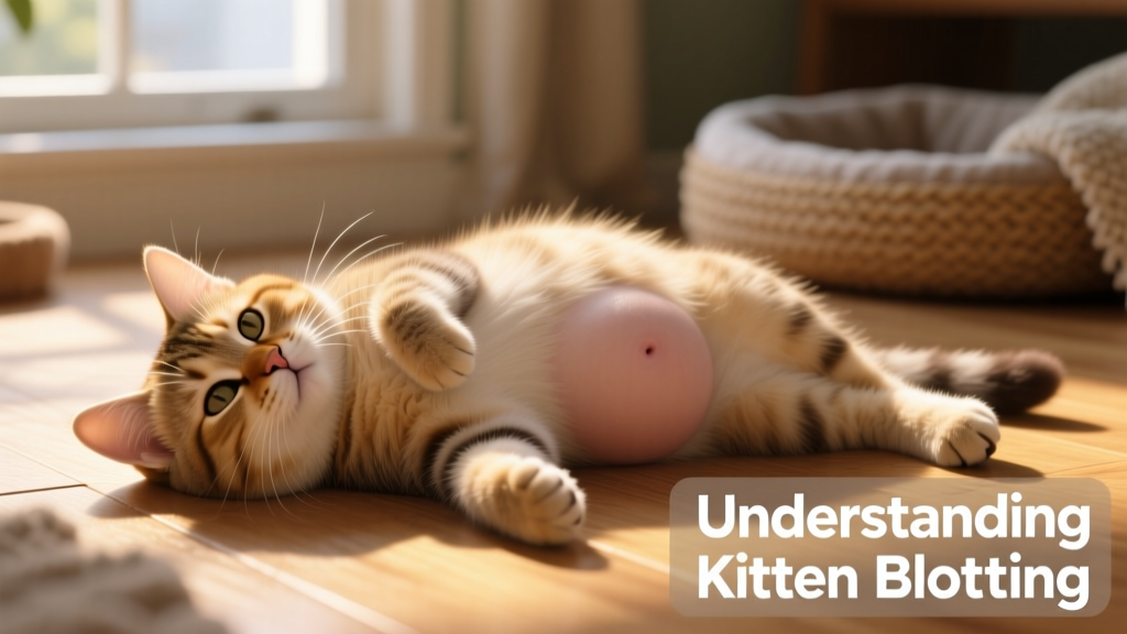 Close-up of a healthy, relaxed kitten lying on its side, belly gently rounded but not taut or swollen