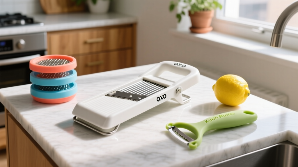 Overhead view of a tiny apartment kitchen counter featuring a folded OXO mandoline slicer, a nested Joseph Joseph grater set, and a Kuhn Rikon peeler