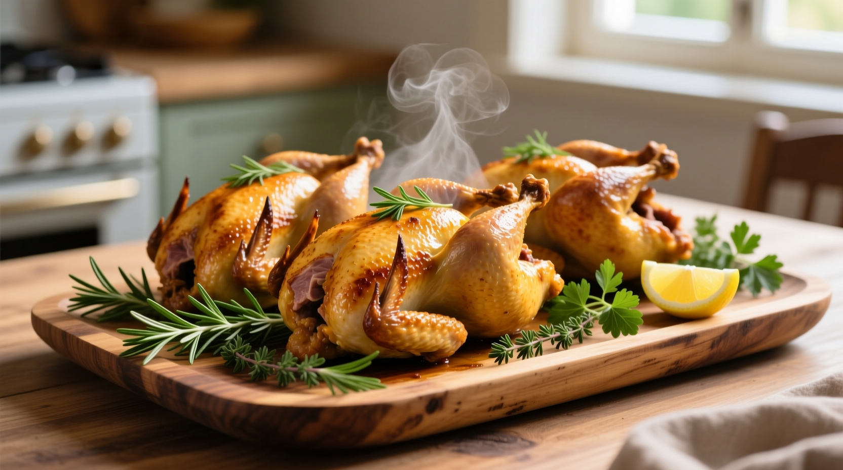 Golden roasted Cornish hens with herb garnish on platter