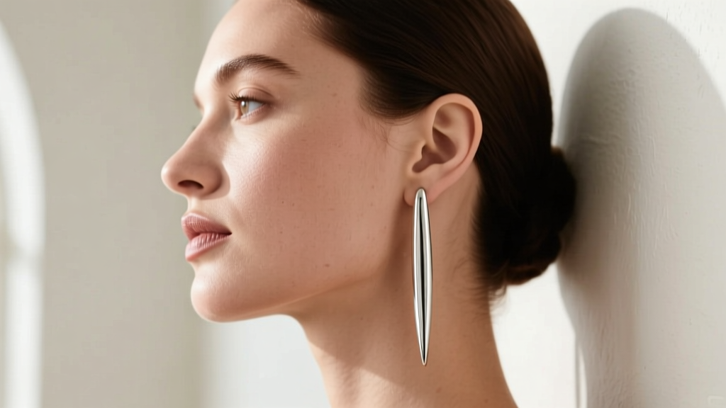 Side profile of a woman with a round face wearing elongated silver Dorsey drop earrings that visually lengthen her jawline softly.