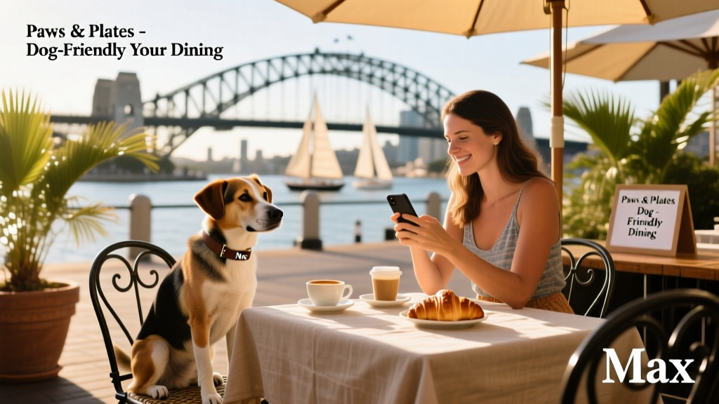 A dog seated calmly at an outdoor restaurant table with its owner