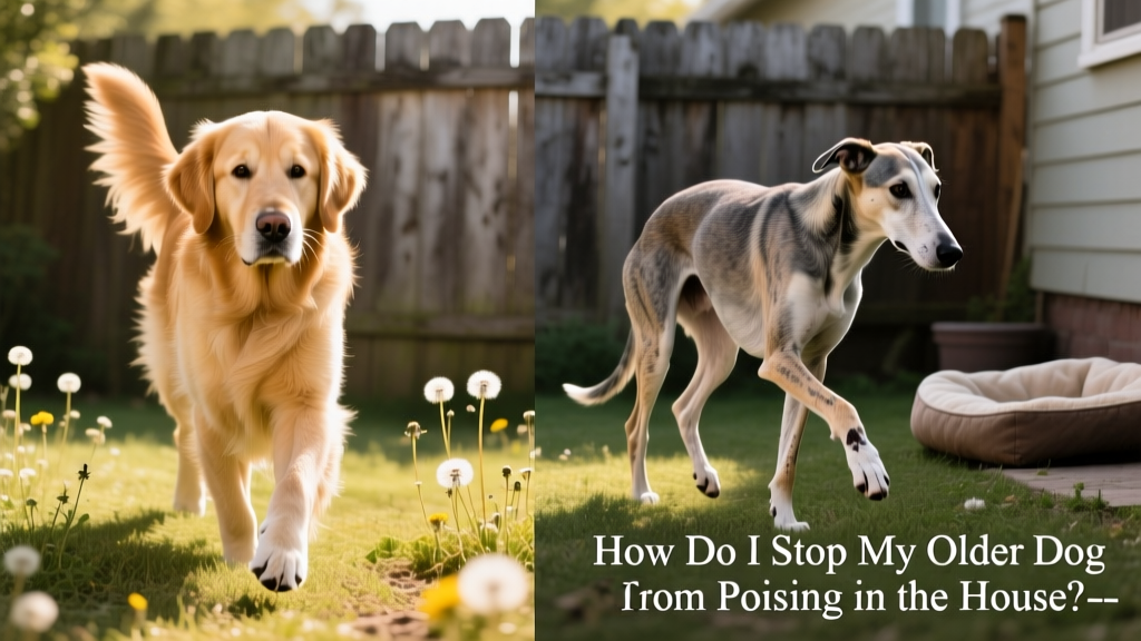 Side-by-side comparison showing a healthy senior dog walking confidently versus one hesitating to crouch due to joint stiffness
