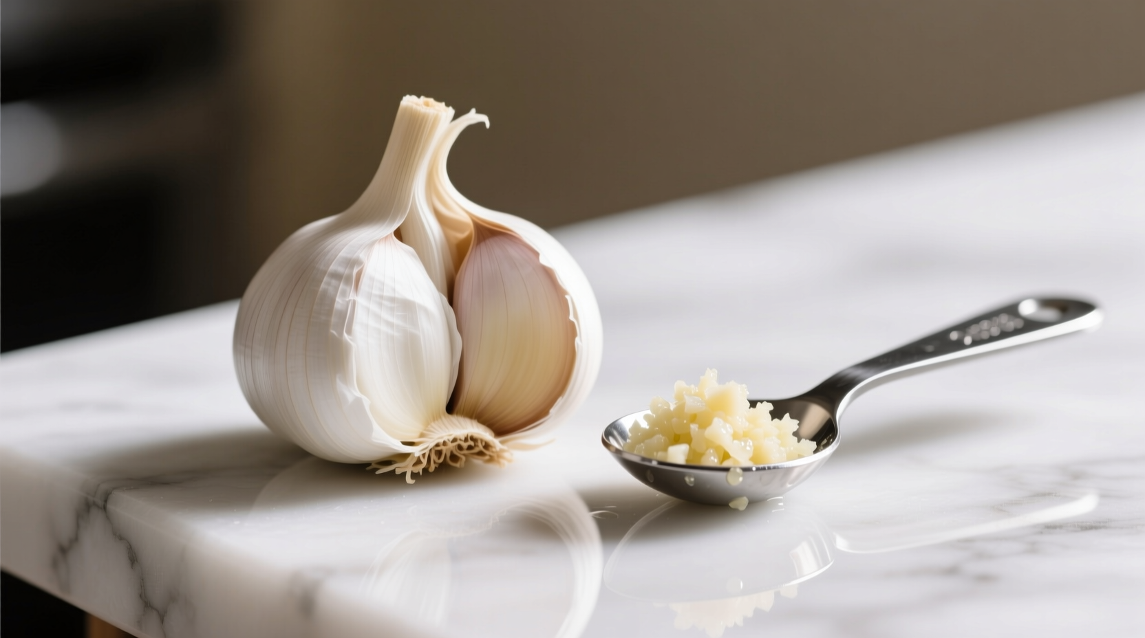 Weekend meal prep: minced garlic in measuring spoon showing ½ tsp equals one medium clove for recipe accuracy during holiday cooking