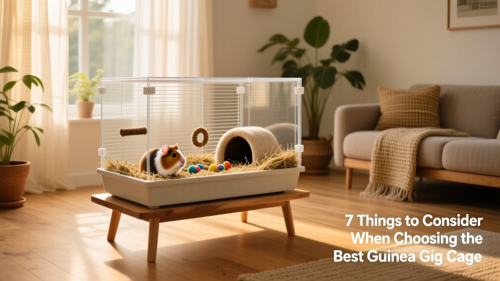 A clean, spacious guinea pig cage placed on a sturdy stand in a bright, quiet living area with soft indirect light